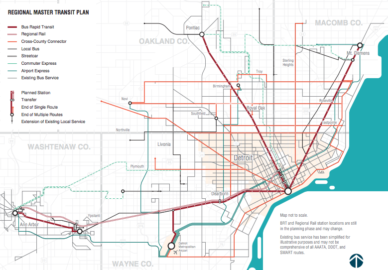 The highlight of metro Detroit's $4.6 billion transit plan is four bus rapid transit routes connecting the city to suburban job centers. Map: Michigan RTA. Click to enlarge.