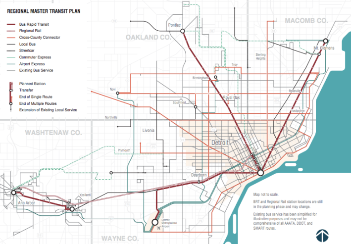 The highlight of metro Detroit's $4.6 billion transit plan is four bus rapid transit routes connecting the city to suburban job centers. Map: Michigan RTA. Click to enlarge.