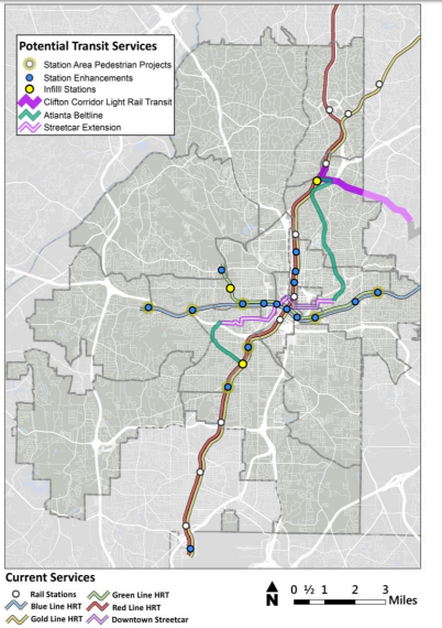 Proposed rail transit expansions for Atlanta. Map: MARTA
