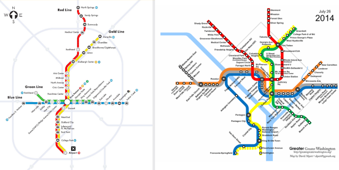 Atlanta's MARTA rail (left) hasn't expanded much since the 1980s. On the right, D.C.'s Metrorail, which has grown substantially. Credit: Greater Greater Washington