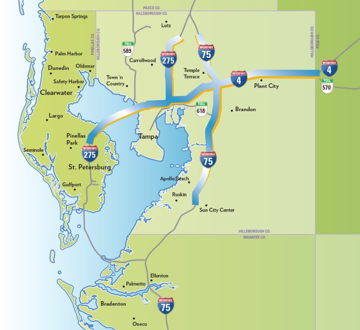 FDOT's Tampa Bay Express Lanes project would add 90 miles of highway lanes over five counties at the cost of at least $6 billion. Map: FDOT