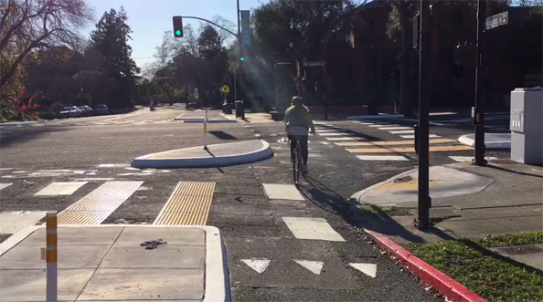 Berkeley's first protected intersection opened the week before Christmas. Video still: Bike East Bay