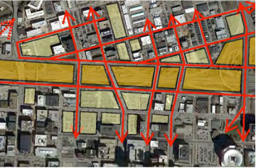 This rendering shows how the street grid could be stitched back together. Image: Urban Land Institute Kansas City
