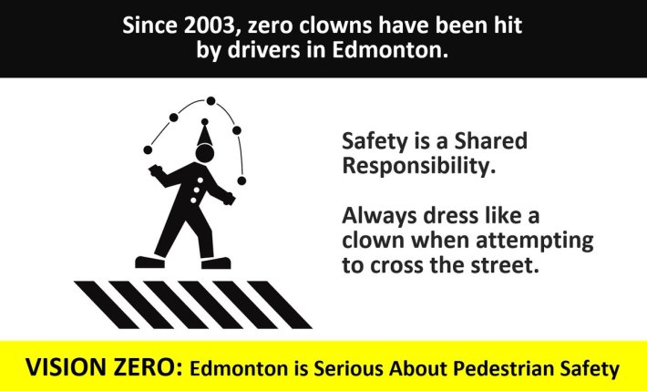 Blaming pedestrians for causing traffic fatalities makes about as much sense as this ad. Image: Chris Nelson/Twitter