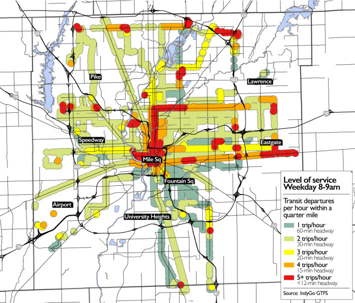 Only the orange and red areas have access to buses that come at least every 15 minutes during the morning rush.
