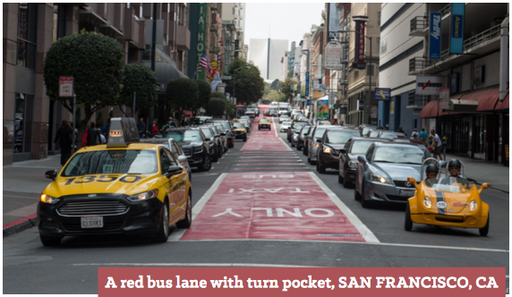 Carving out just a little curb space for a right turn lane can speed up bus service on crowded commercial corridors. This example is from San Francisco. Photo: NACTO
