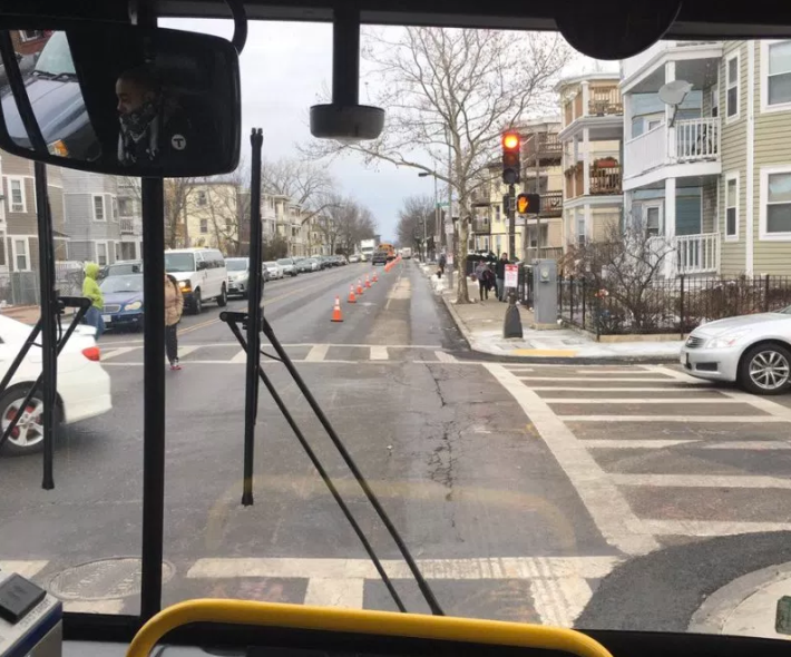 Boston set up a bus lane using orange cones. Photo: Jacqueline Goddard