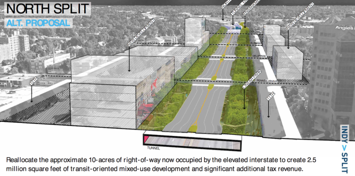 An alternative proposal for Indianapolis' I-65/I-70 split would create a surface boulevard by lidding the highway and open up 10 acres to development. Image via Urban Indy