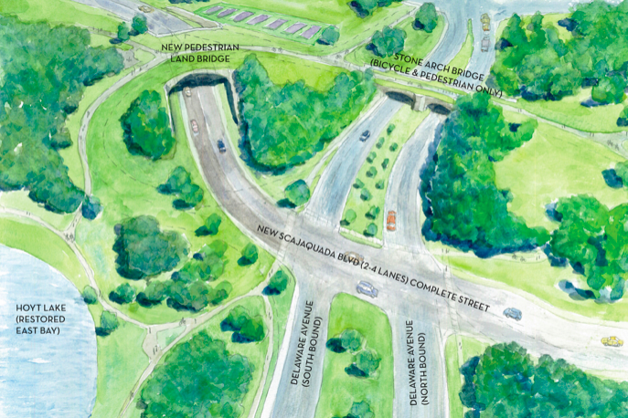 Advocates envisioned a bike-and-pedestrian-only Stone Arch Bridge. But NYSDOT balked. Image: Olmsted Park Conservancy via