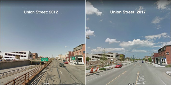 Rochester's Inner Loop freeway has been likened to a noose around the city's downtown. It was partially filled in over the last few years. And is now ready to be redeveloped. Photos: Google Maps