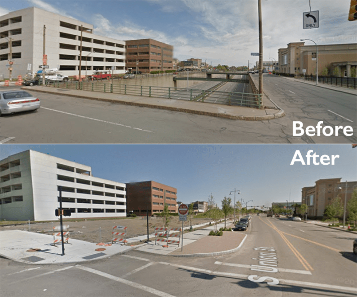 With a portion of the Inner Loop highway filled in, Rochester is ready to reconnect its downtown to the East End neighborhood with mixed-use development. Photos: Google Maps