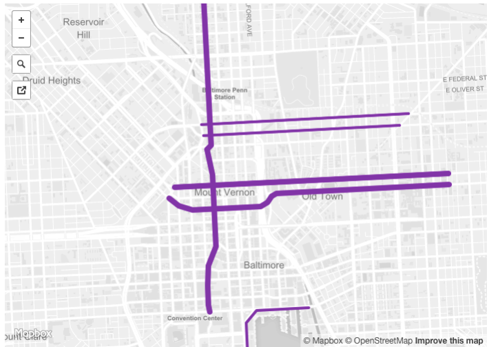 Baltimore's plans call for 10 miles of downtown bike lanes. Only 2 miles have been constructed. Map: Bikemore