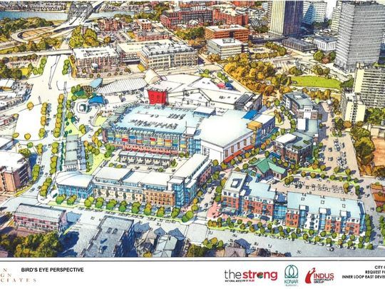 The $105 million "Neighborhood of play" would include a hotel, museum space, retail and housing. Rendering: Urban Design Associates via Democrat & Chronicle