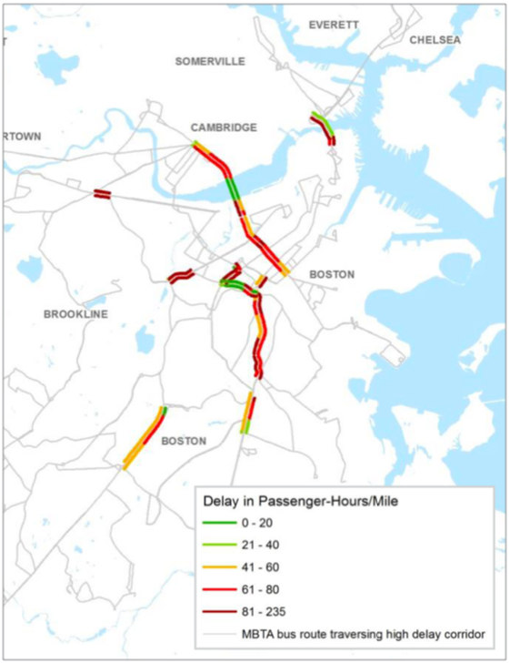 This map shows where MBTA bus passengers spend the most time sitting in traffic. Map: Livable Streets Alliance