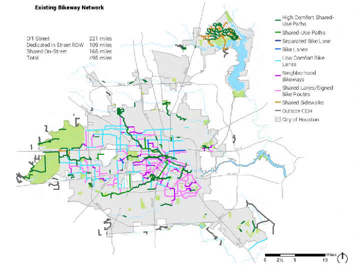 Houston's bike plan calls for almost 1,500 miles of on- and off-street bikeways. Maps: Houston Bike Plan [PDF]