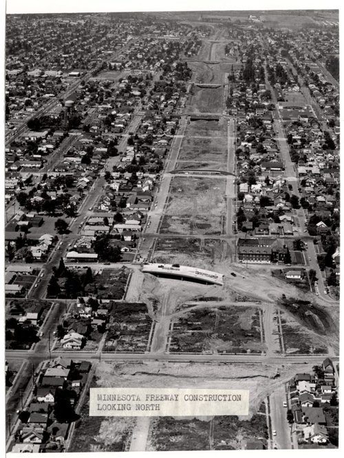 More than 300 homes were demolished to make way for I-5 in Portland, originally called the Minnesota Freeway, because it replaced Minnesota Avenue. Photo via City Observatory