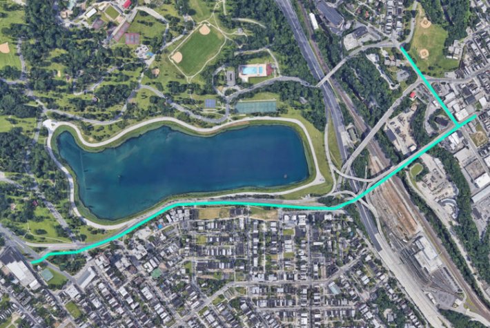 The area highlighted in teal shows the location of the multi-use path. Map: Bikemore