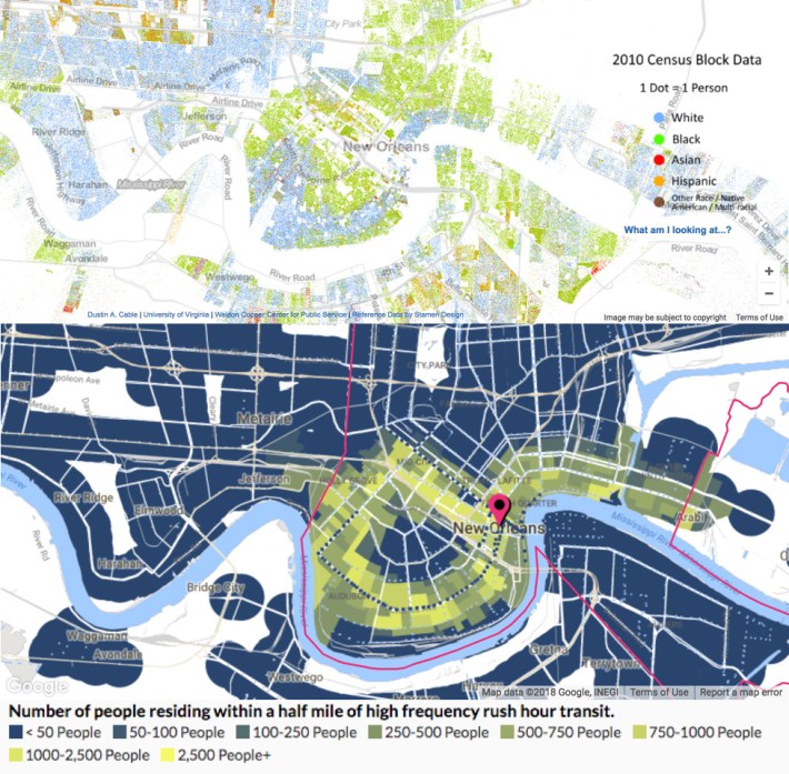 A map of segregation in New Orleans contrasted with a map of frequent transit service. Images via TransitCenter
