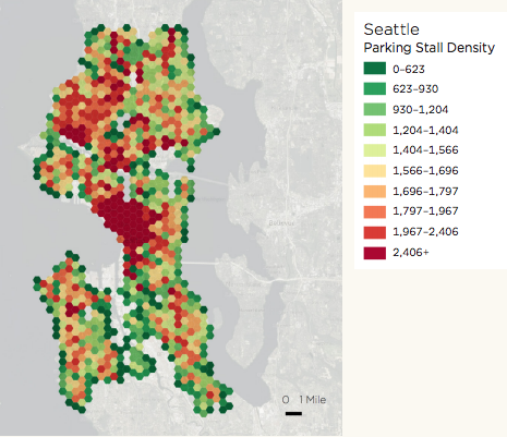 The big red glob of parking is downtown Seattle.