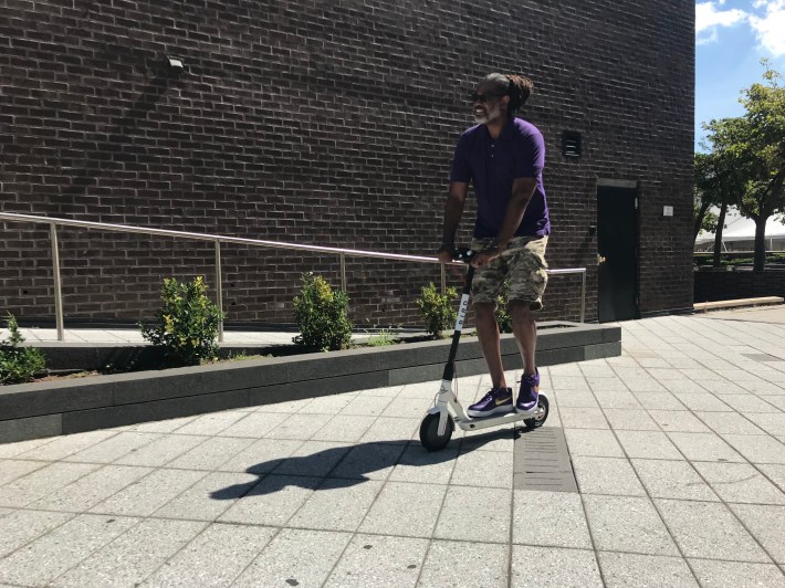 New York City Council Member Robert Cornegy test drove a Bird scooter in New York on Thursday. Photo: Gersh Kuntzman