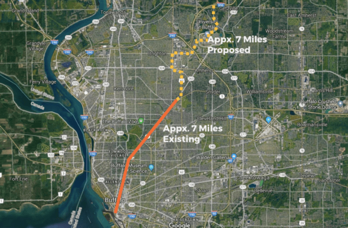Buffalo is planning to extend its light rail 6.5 miles. Map: Fred Frank