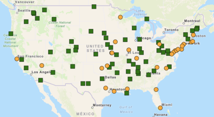 U.S. DOT"s map of BUILD grant awardees. Urban shown in yellow, rural in green. Map: U.S. DOT