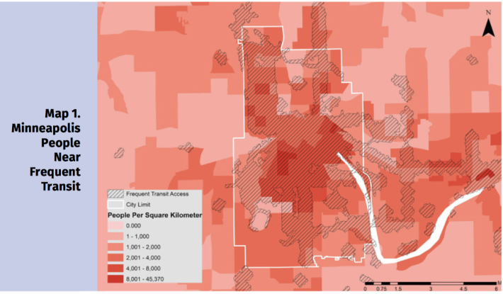 In Minneapolis, 73 percent of the population has access to frequent transit. Graph: ITDP