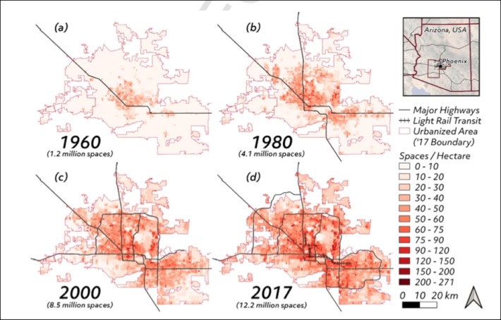 Parking Growth in metro Phoenix, 1960–2017. Graph: Hoehne et al