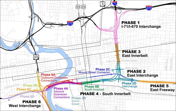 ODOT's $1 billion "Columbus Connector" highway project was built in nine phases. Map: ODOT