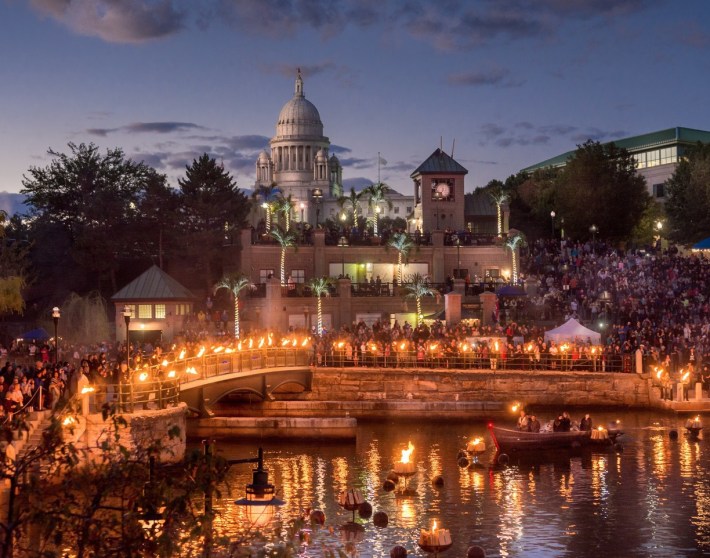 The Rhode Island Statehouse over Waterplace Park during Waterfire. Photo: Trover