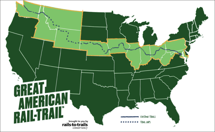 There will be 3,700 miles of trails, from Washington, D.C. to Washington State: That's the plan with the Great American Trial. Image: Rails-to-Trails