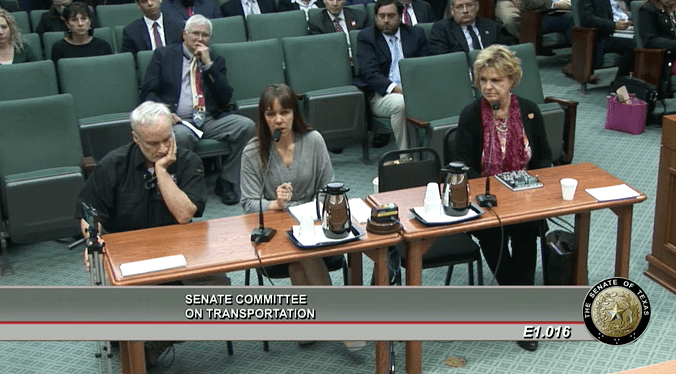 Adrienne Paterson gives tearful testimony before the Senate Committee on Transportation in Texas.
