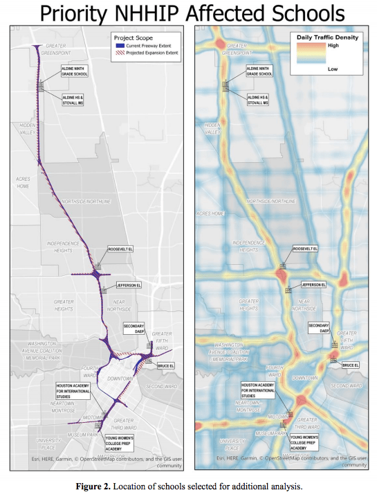 This map shows the schools and air pollution hot zones near Houston's mega-highway widening plan. Map: Air Alliance Houston