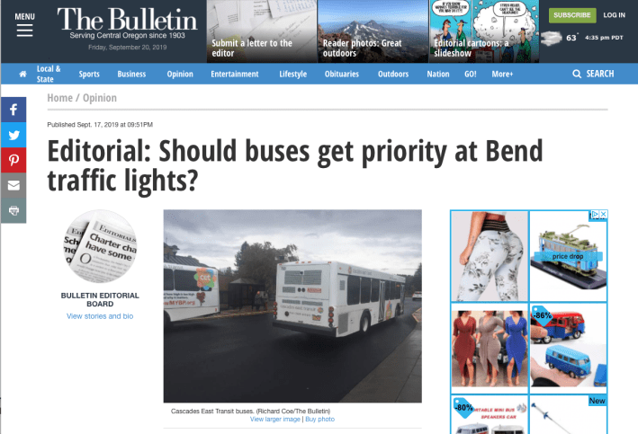The Bulletin in Bend, Oregon, is worried buses that could magically change traffic lights from red to green could cause problems. Image: Bend Bulletin