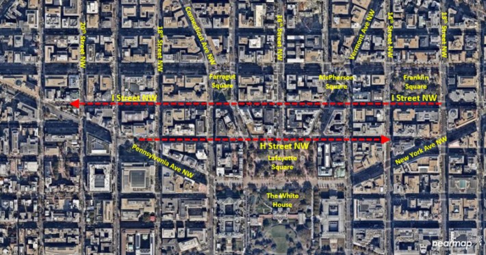 The route of the now-permanent Downtown DC bus-only lanes — which will even be in effect on Saturdays. Image: District Department of Transportation