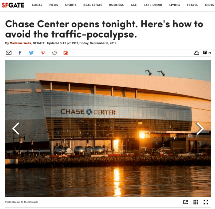 Editors at San Francisco's SFGate.com worried about a traffic nightmare at the new home of the Golden State Warriors. It never materialized. Image: SFGate.com.