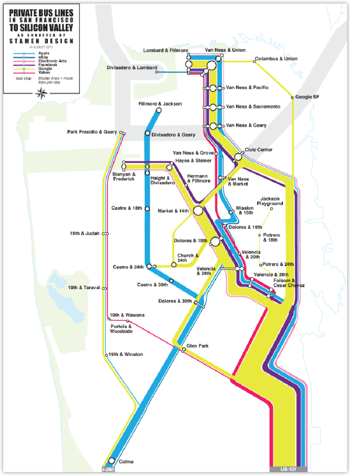 This map shows the private bus routes of major Silicon Valley employers. Thicker lines indicate more frequent service. Click to enlarge. Image Stamen Design