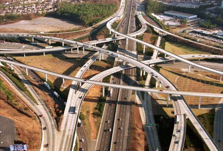 Atlanta's "Spaghetti Junction" is usually the kind of bloated road project that makes bike/ped advocates livid — but in the time of COVID-19, the sight of it clear of any vehicles besides freight trucks is something to celebrate. Source: <a href="https://www.reddit.com/r/sidj2025blog/comments/6k57j1/atlanta_georgias_spaghetti_junction/" Reddit.