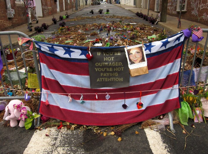 A memorial for Heather Heyer, who was killed by a driver while counter-protesting a Unite the Right Rally in Charlottesville, Va. in 2017. Source: Wikimedia Commons.