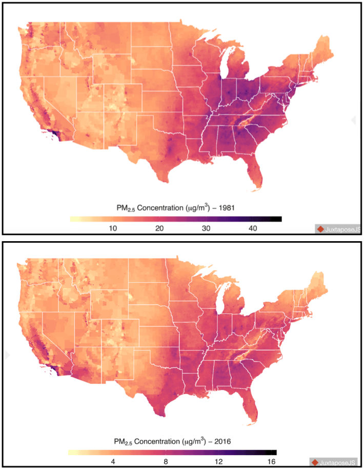 Particulate pollution in the U.S., 1981 vs. 2016. While PM2.5 concentrations decreased nationwide between 1981 and 2016, the same areas generally are still most and least polluted. Credit: Colmer, Hardman, Shimshack and Voorheis.