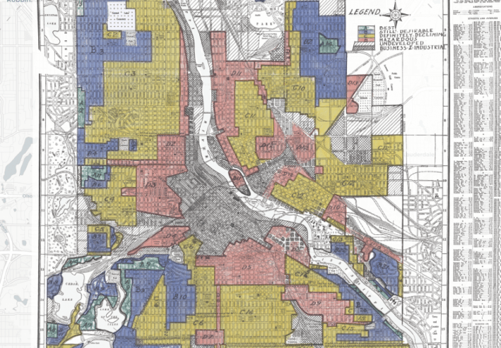 A map of redlined Black neighborhoods in Minneapolis, Minn. Source: Mapping Inequality
