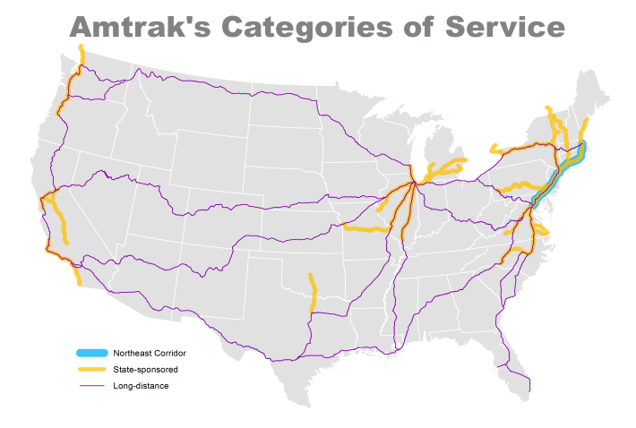 Caption: Map of the three categories of service provided by Amtrak. Data source: BTS-NTAD.