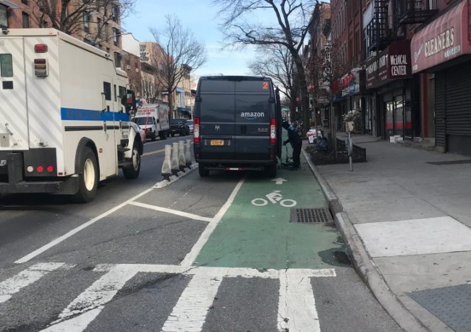 The popularity of lightning fast home deliveries doesn't just create congestion problems. E-commerce drivers also also block bike lanes — and kill vulnerable road users. Source: Julianne Cuba.