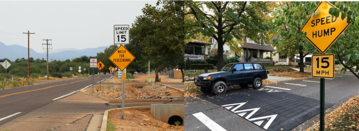 Despite the ample "watch for pedestrians" signs, the highway-style street with insufficient sidewalks and deep setbacks will probably not compel drivers to travel 15 miles per hour. The design on the right, on the other hand, would likely compel drivers to slow down whether or not the speed limit sign was there. Images: Left and right via Creative Commons