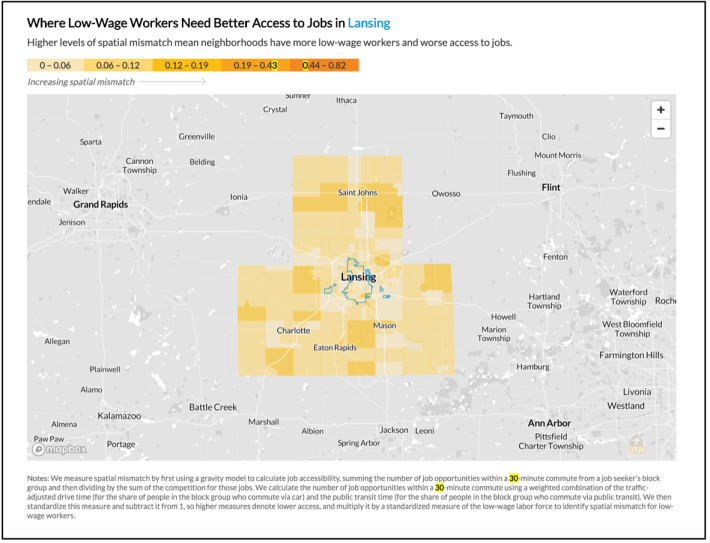 An example of a "spatial mismatch" map of Lansing, Mich. In this map, some of the most impoverished areas of Lansing are shown to have the worst transit access to available jobs.