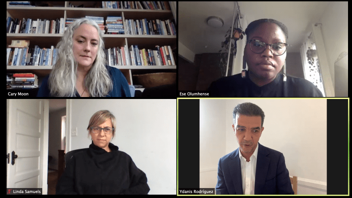 Clockwise from top left: Vision Zero Cities panelist Cary Moon, moderator Ese Olumhense, panelist Linda Samuels, and panelist Ydanis Rodriguez.