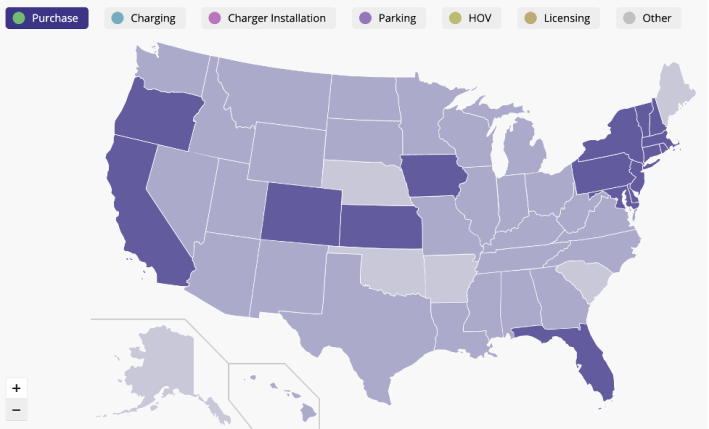 The federal government and the vast majority of U.S. states offer some form of incentive for buying, parking, or charging an AV — but only California offers a state-funded e-bike rebate. View an interactive version of this map at EV Compare