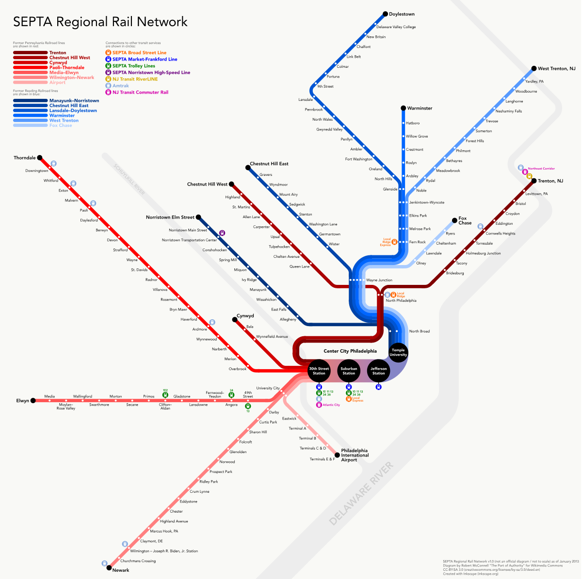 SEPTA Regional Rail map with its four downtown stations. Image: Wikimedia Commons