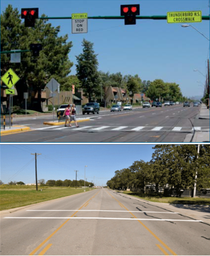 Why is a high-intensity activated crosswalk beacon (top) the exception, and two lines of paint on the ground (bottom) are the rule? Images via FHWA