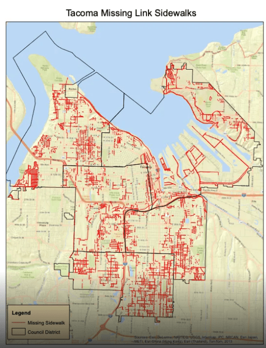 A map of missing sidewalks in Tacoma shows widespread gaps. Image: City of Tacoma